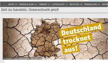 Screenshot der DUH Petition: Deutschland trocknet aus – jetzt #unserWasser schützen! Ausschnit enthält Bildrechte in der DUH Montage © stock.adobe.com (ImagePost), unsplash (Mike Erskine), die im Rahmen der aktuellen Berichterstattung, des Presserechts abgebildet werden.